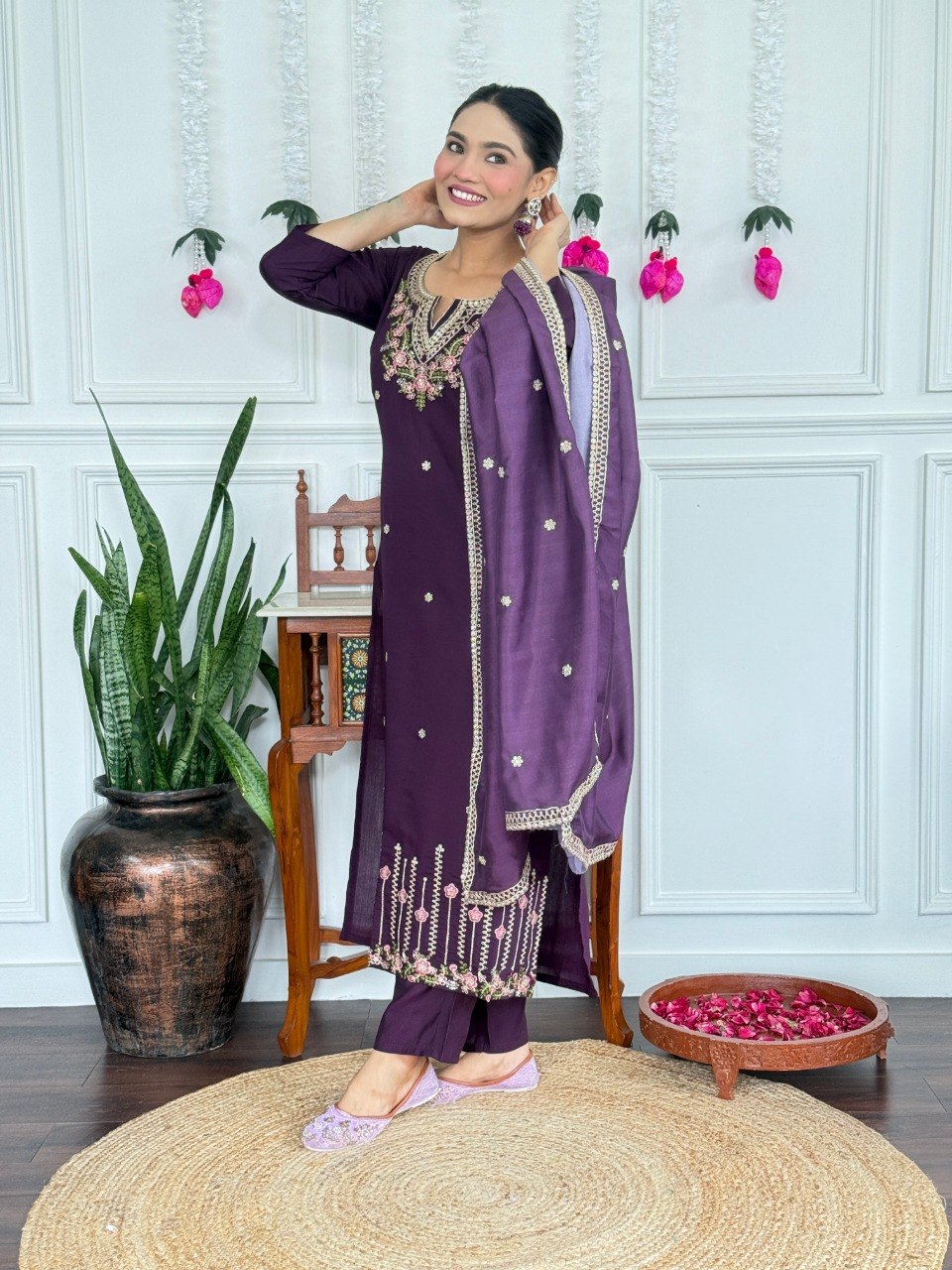 Women Purple Embroidered Kurta Set with Dupatta