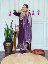 Women Purple Embroidered Kurta Set with Dupatta