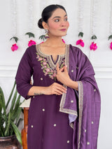 Women Purple Embroidered Kurta Set with Dupatta