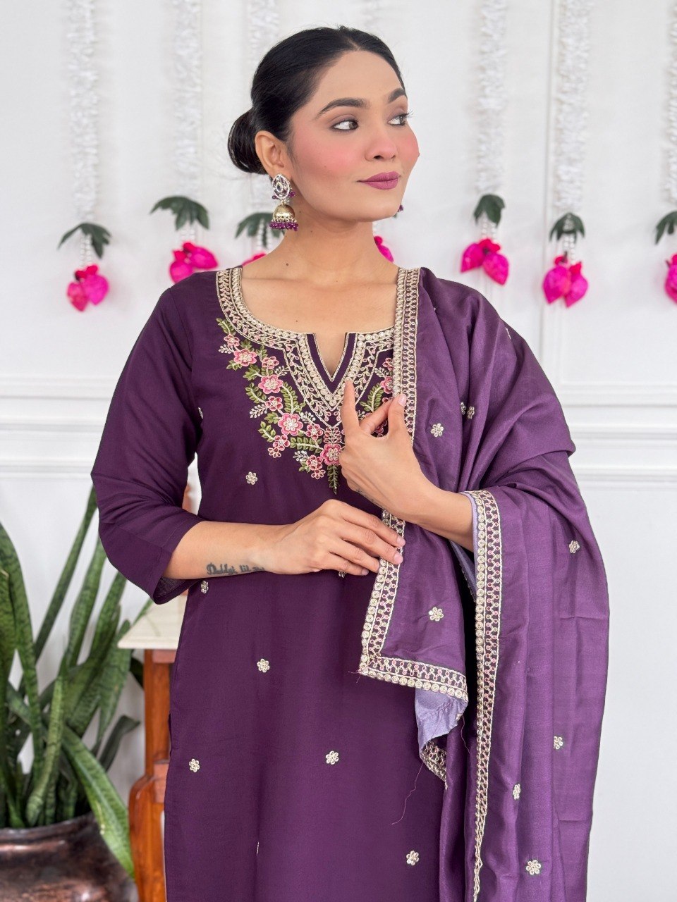 Women Purple Embroidered Kurta Set with Dupatta