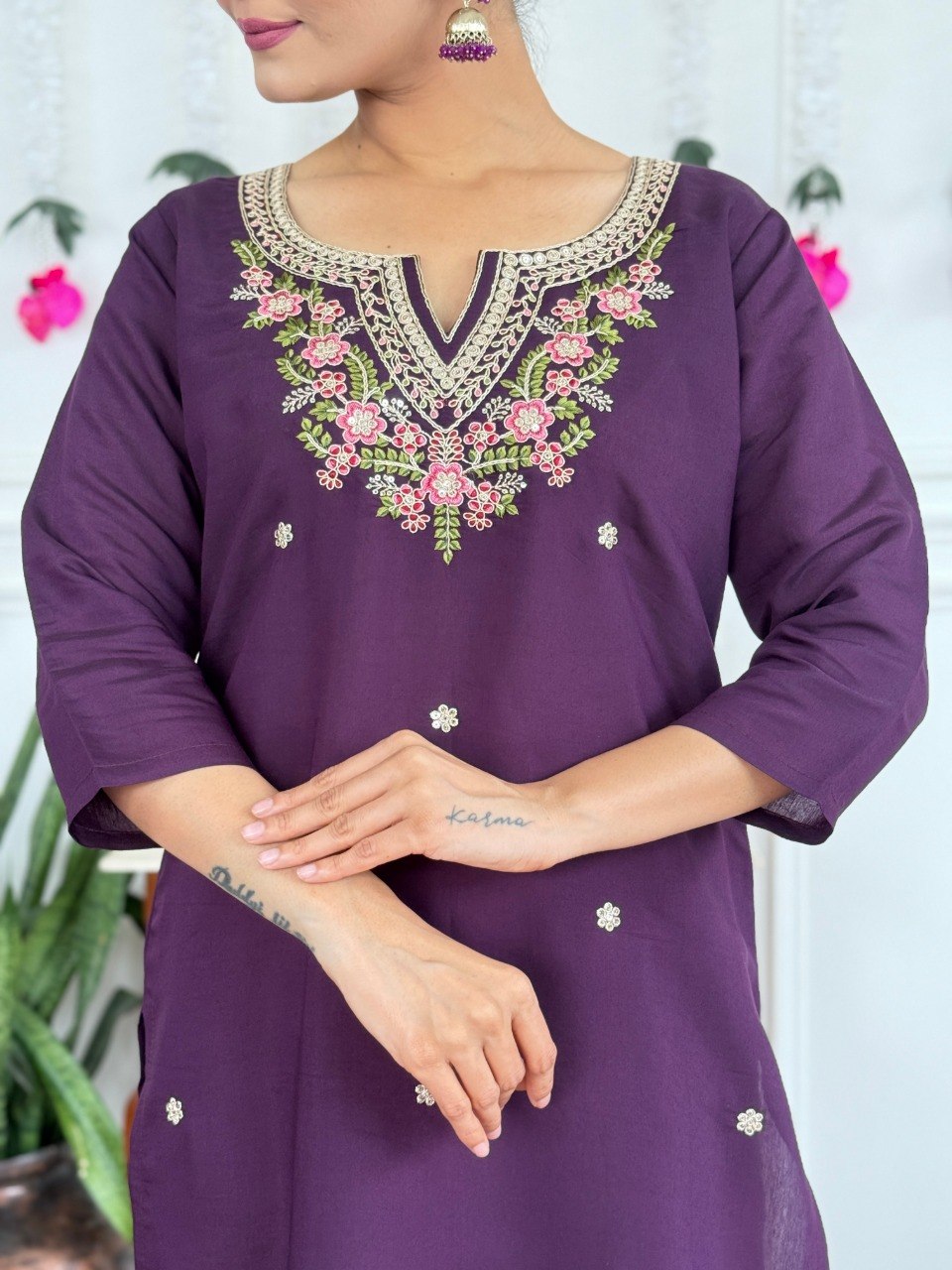 Women Purple Embroidered Kurta Set with Dupatta