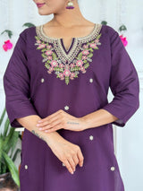 Women Purple Embroidered Kurta Set with Dupatta