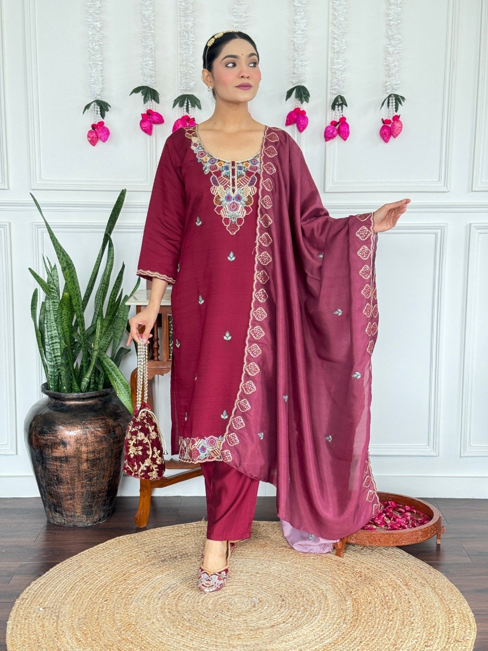 Women Wine Maroon Embroidered Kurta Set with Dupatta