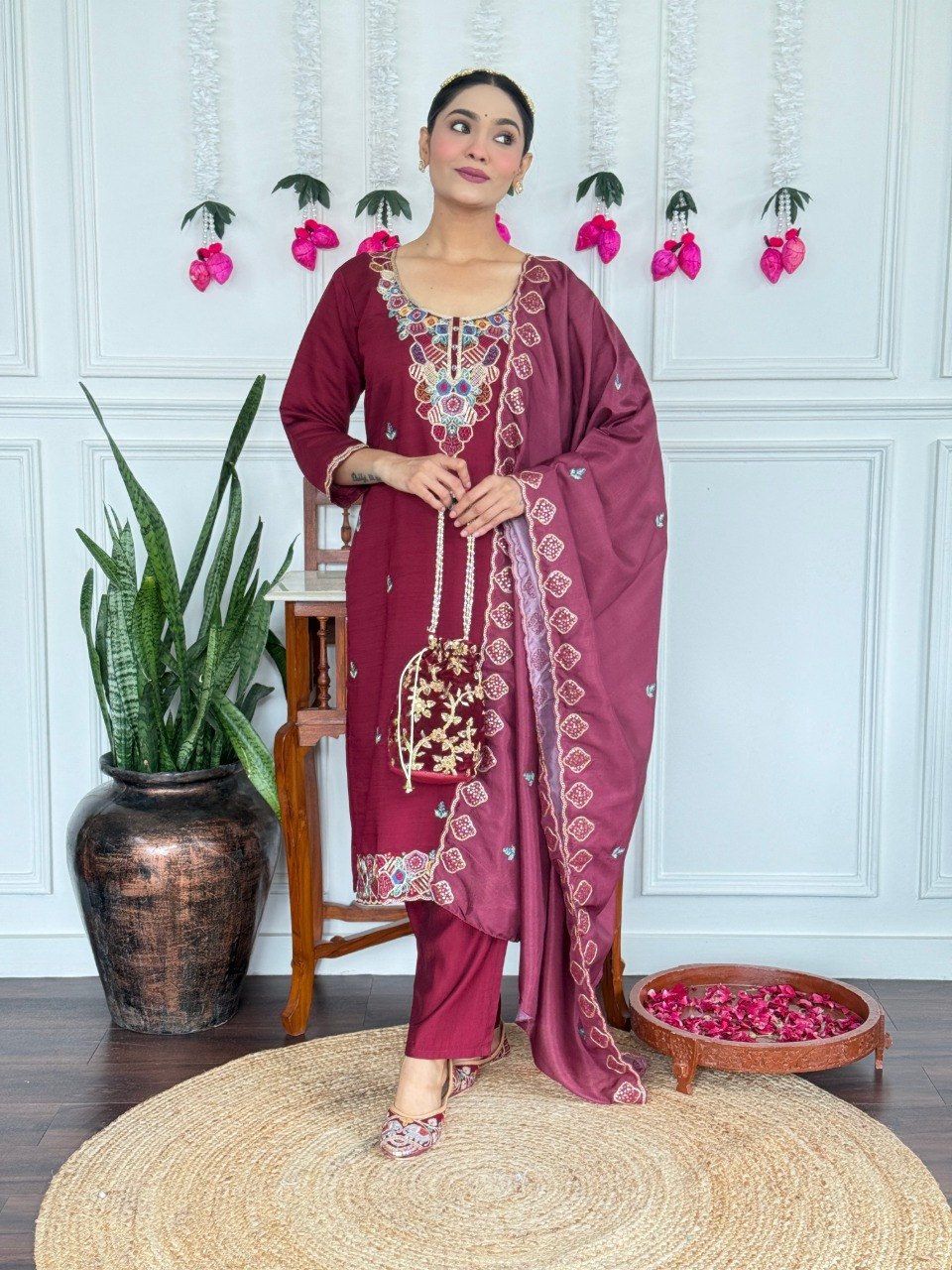 Women Wine Maroon Embroidered Kurta Set with Dupatta