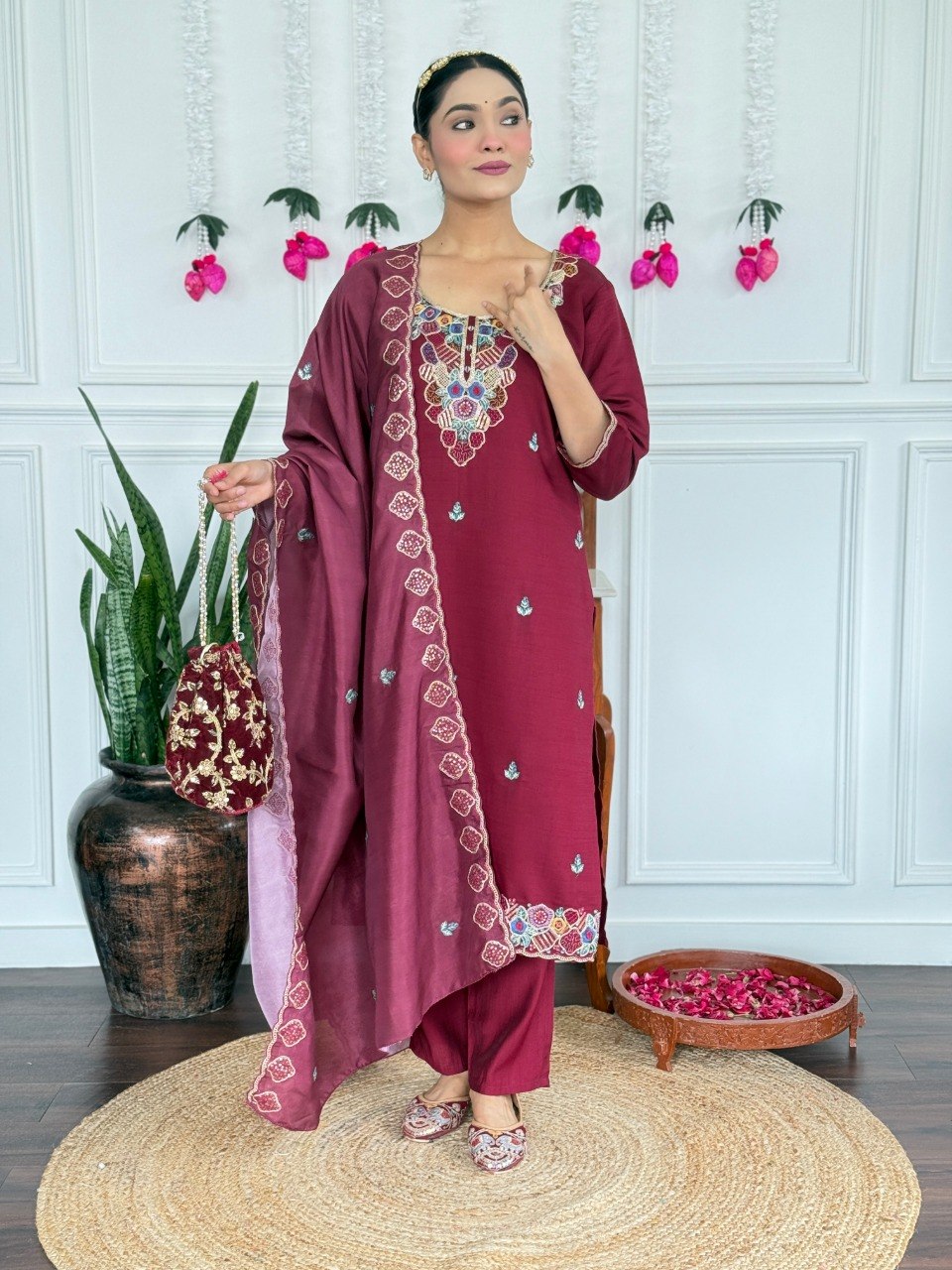 Women Wine Maroon Embroidered Kurta Set with Dupatta