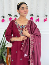 Women Wine Maroon Embroidered Kurta Set with Dupatta