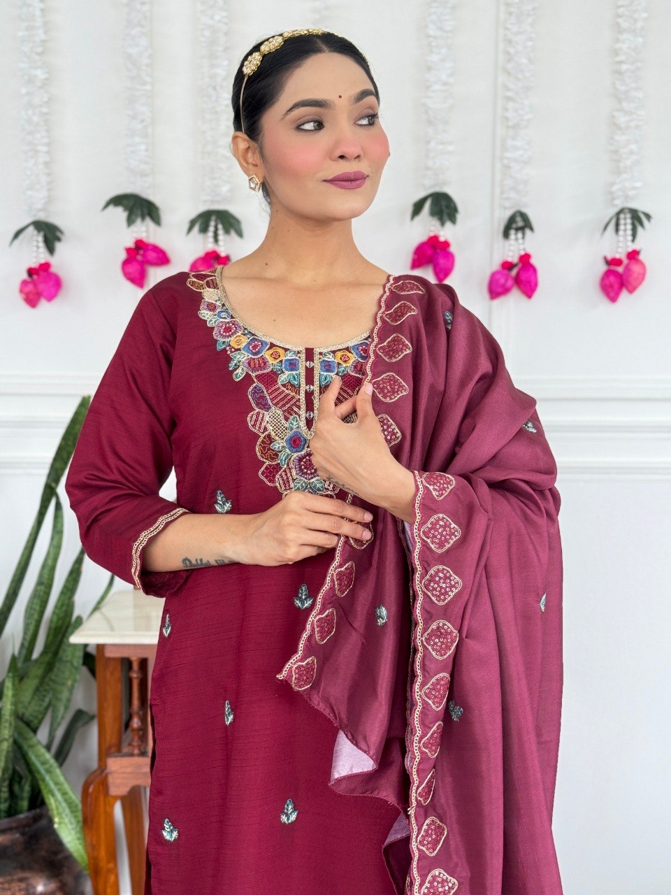 Women Wine Maroon Embroidered Kurta Set with Dupatta
