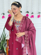 Women Wine Maroon Embroidered Kurta Set with Dupatta