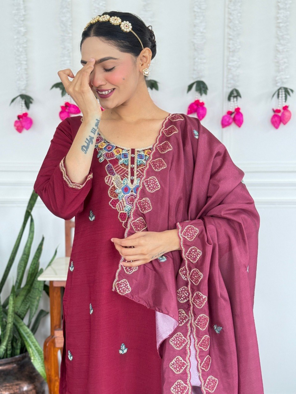 Women Wine Maroon Embroidered Kurta Set with Dupatta