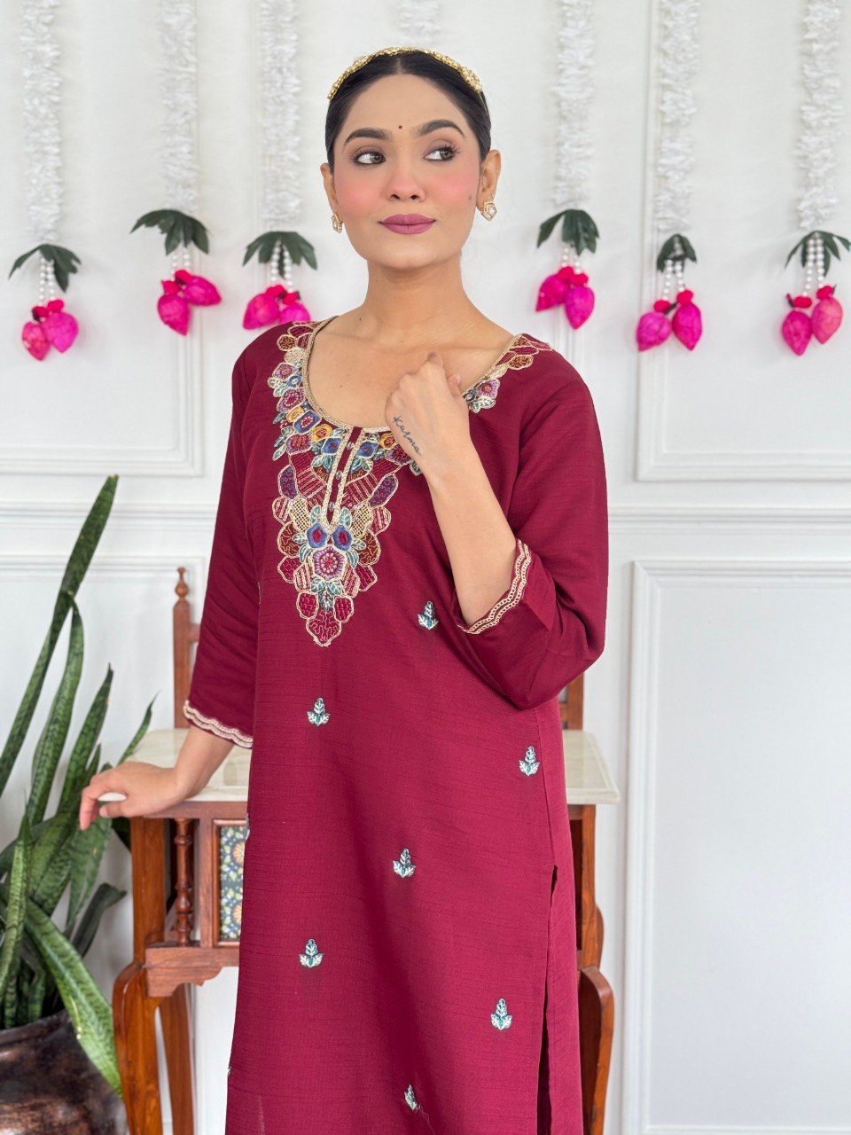 Women Wine Maroon Embroidered Kurta Set with Dupatta