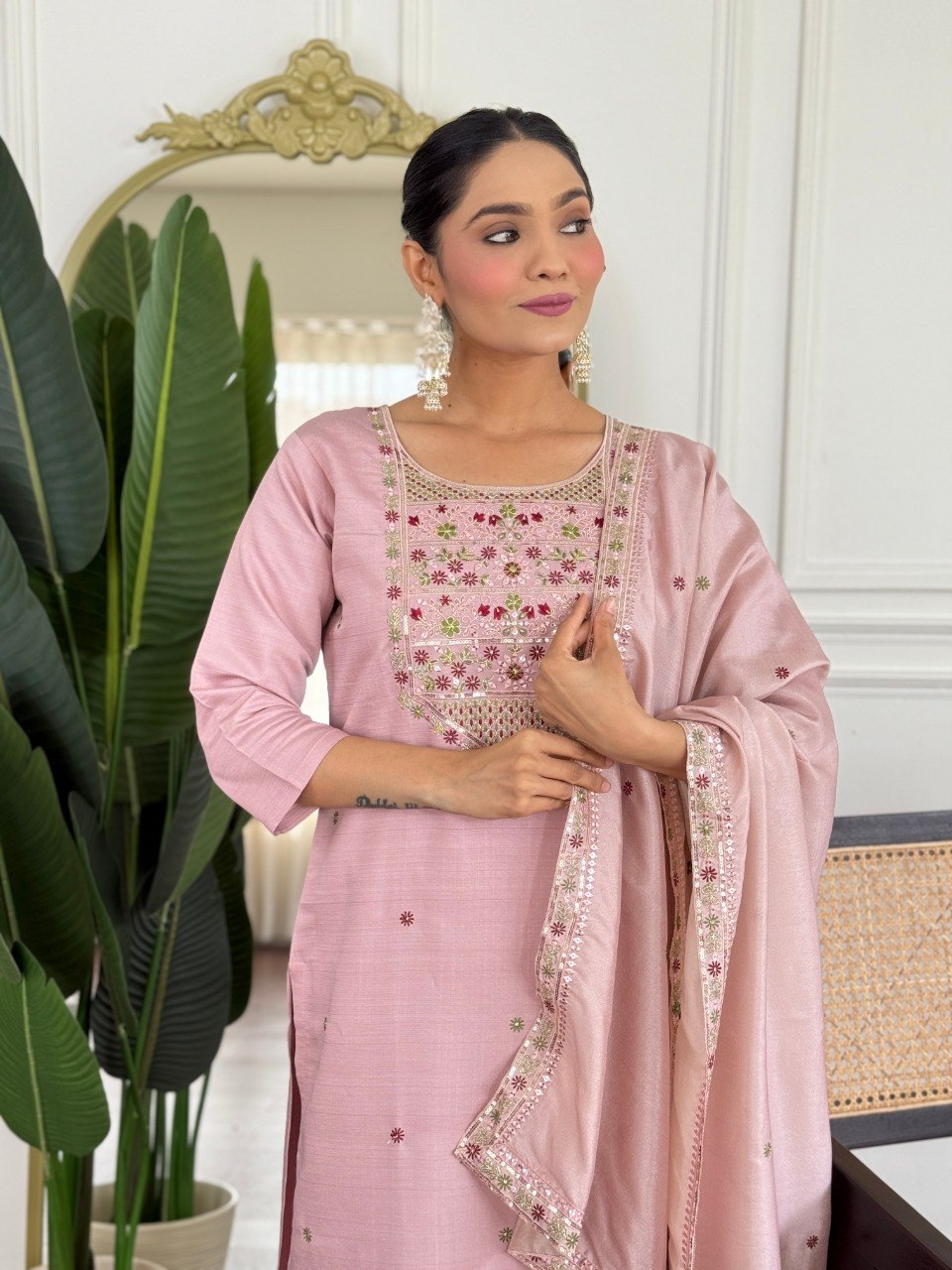Women Blush Pink Color Embroidered Kurta Set with Dupatta