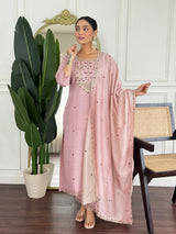 Women Blush Pink Color Embroidered Kurta Set with Dupatta
