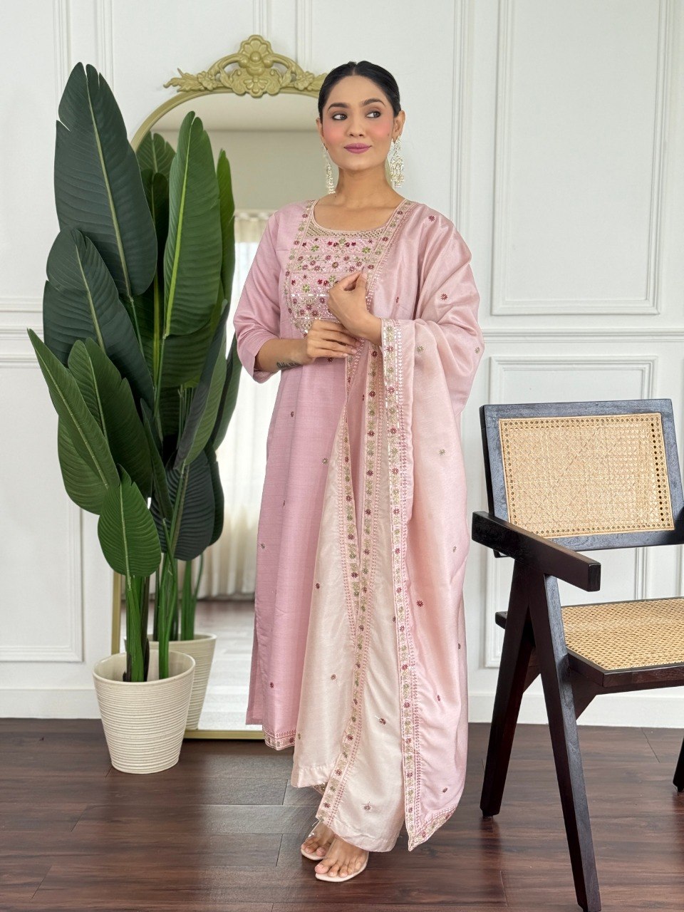 Women Blush Pink Color Embroidered Kurta Set with Dupatta