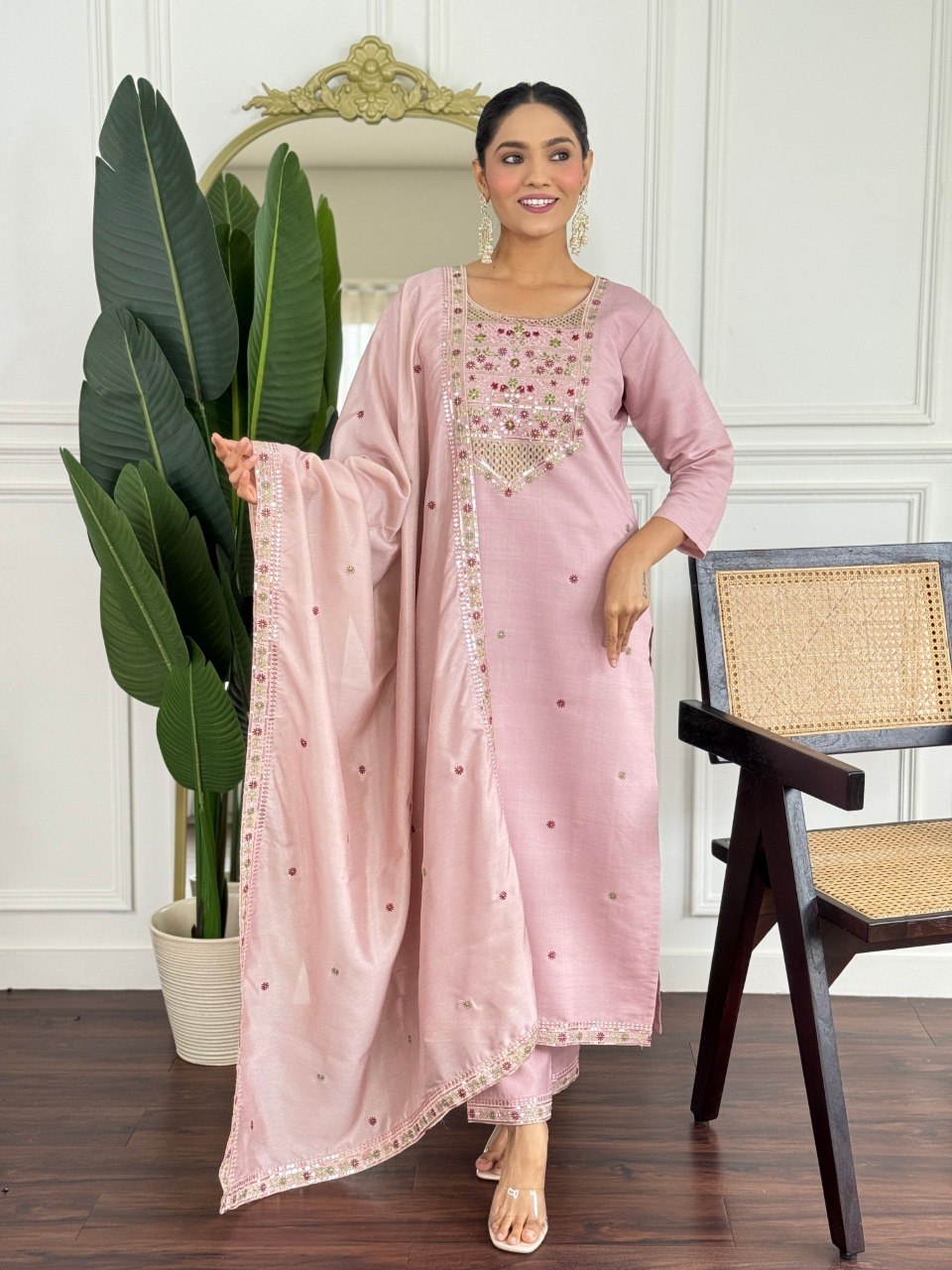Women Blush Pink Color Embroidered Kurta Set with Dupatta