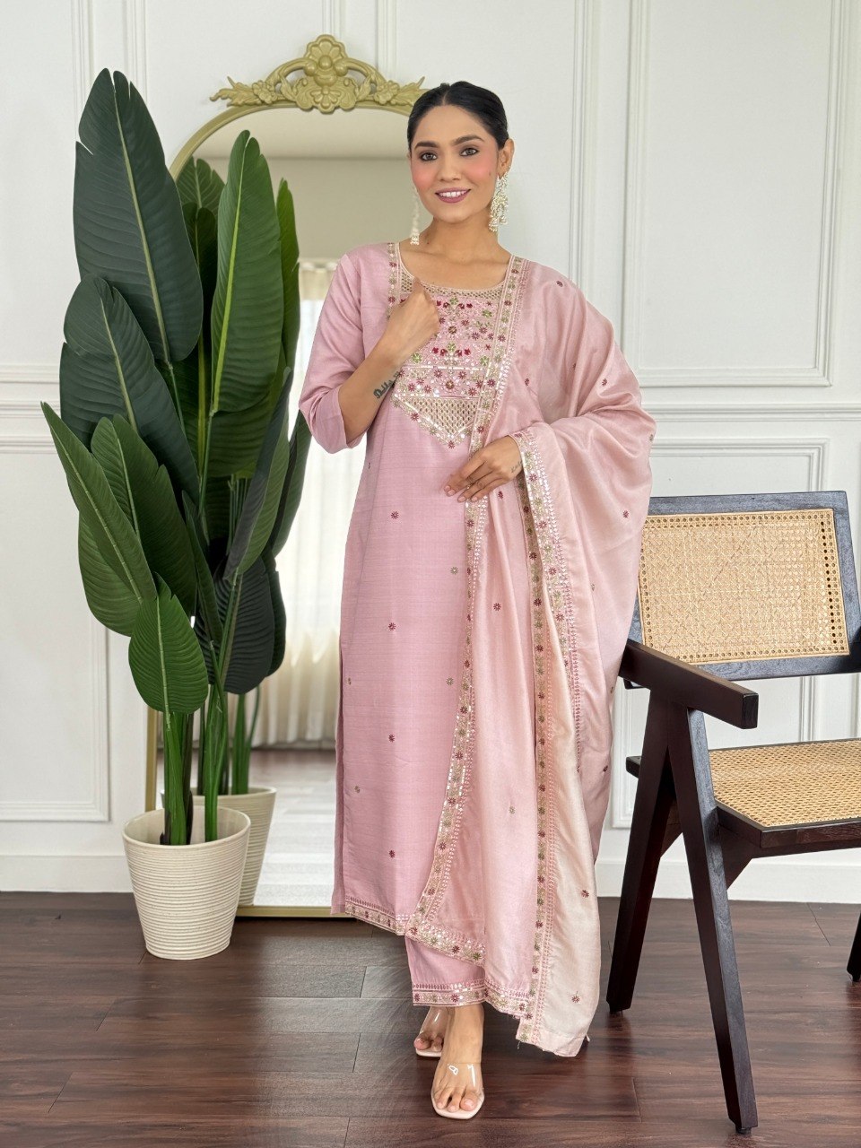 Women Blush Pink Color Embroidered Kurta Set with Dupatta
