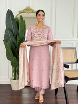 Women Blush Pink Color Embroidered Kurta Set with Dupatta