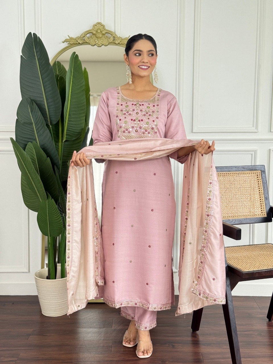 Women Blush Pink Color Embroidered Kurta Set with Dupatta