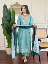 Women Sea Green Embroidered Kurta Set with Dupatta