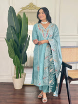Women Sea Green Embroidered Kurta Set with Dupatta