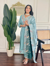 Women Sea Green Embroidered Kurta Set with Dupatta