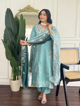 Women Sea Green Embroidered Kurta Set with Dupatta