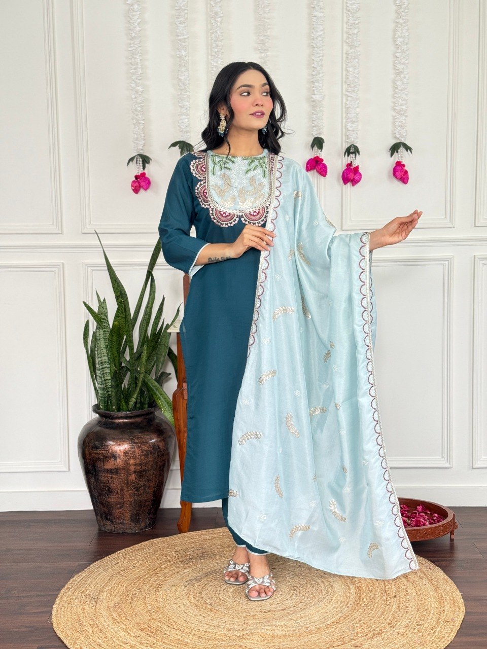 Women Teal Blue Embroidered Kurta Set with Contrast Dupatta