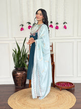 Women Teal Blue Embroidered Kurta Set with Contrast Dupatta