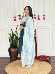 Women Teal Blue Embroidered Kurta Set with Contrast Dupatta