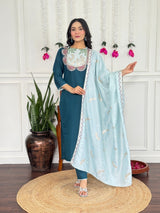 Women Teal Blue Embroidered Kurta Set with Contrast Dupatta