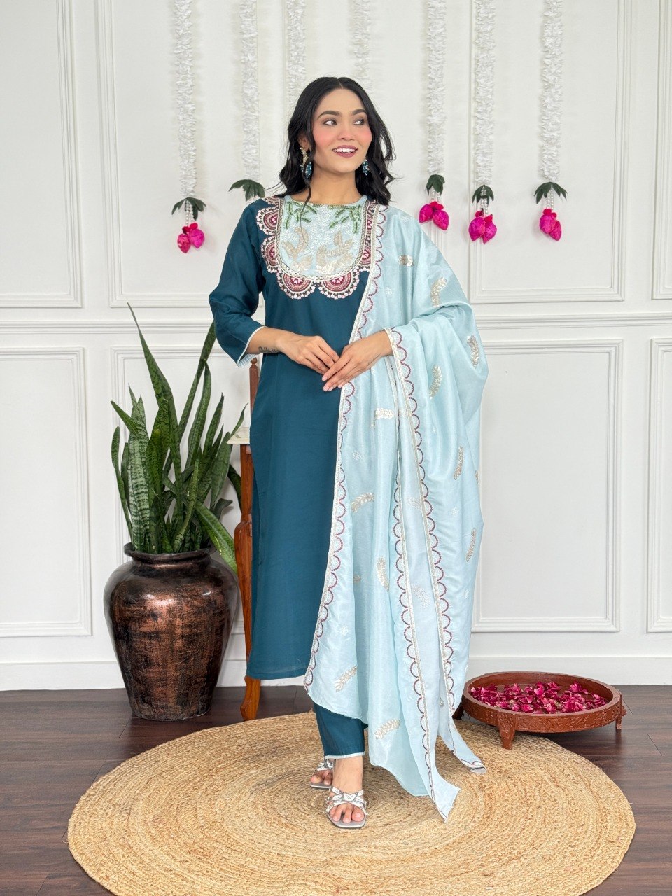 Women Teal Blue Embroidered Kurta Set with Contrast Dupatta