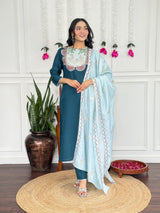 Women Teal Blue Embroidered Kurta Set with Contrast Dupatta