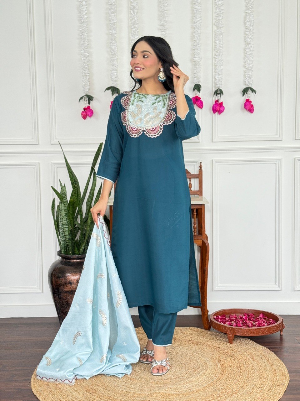 Women Teal Blue Embroidered Kurta Set with Contrast Dupatta