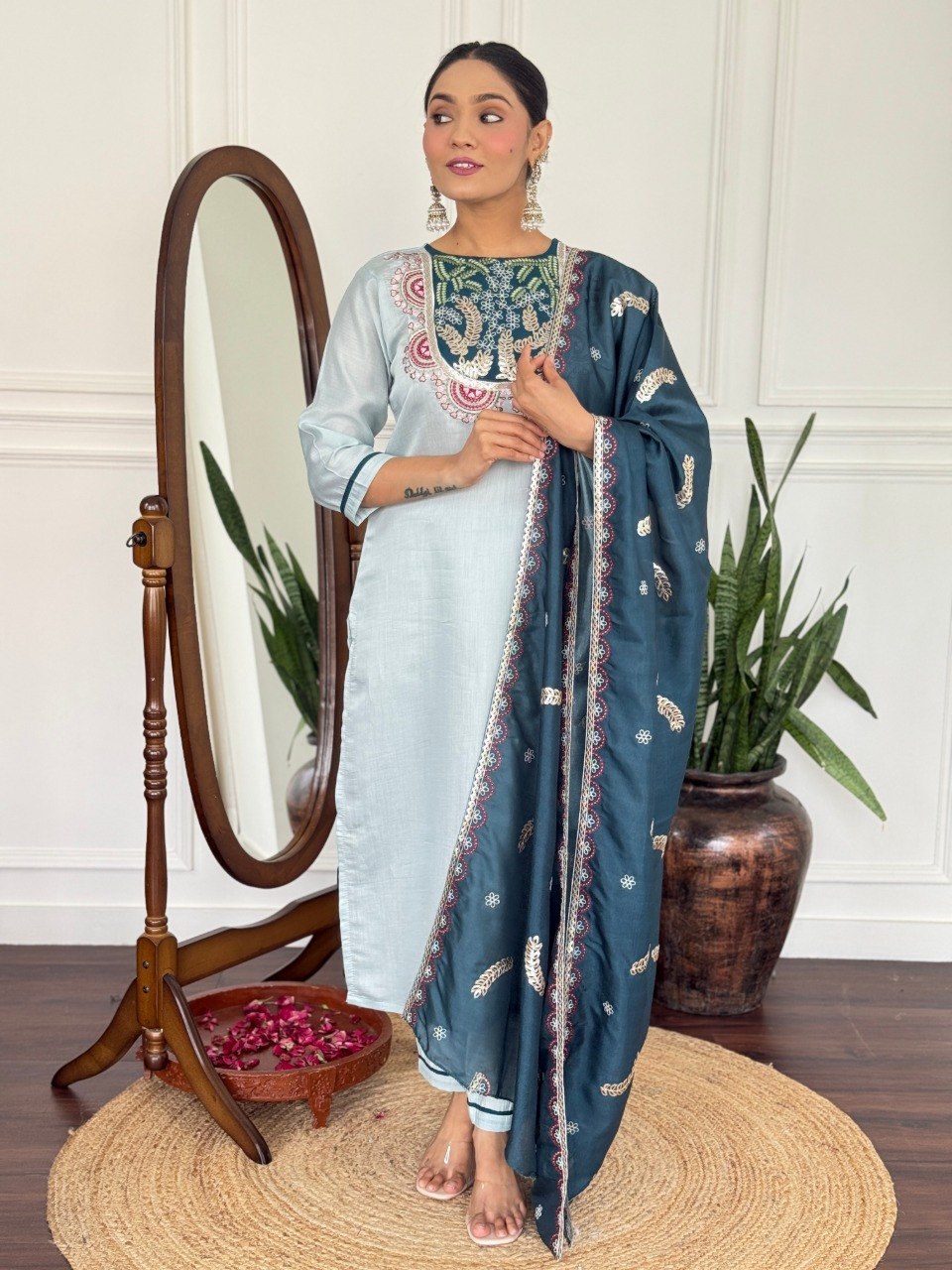 Women Sky Blue Embroidered Kurta Set with Contrast Dupatta