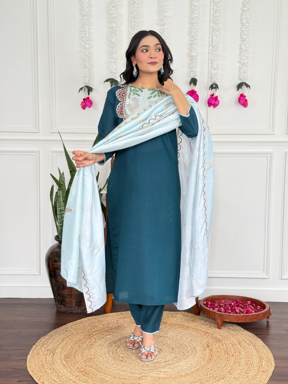 Women Teal Blue Embroidered Kurta Set with Contrast Dupatta
