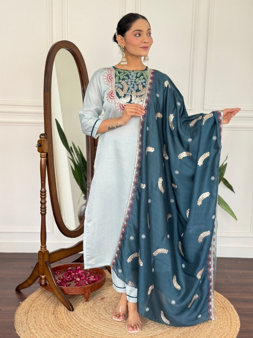 Women Sky Blue Embroidered Kurta Set with Contrast Dupatta