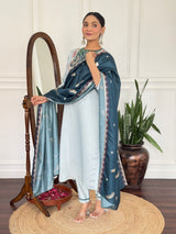 Women Sky Blue Embroidered Kurta Set with Contrast Dupatta