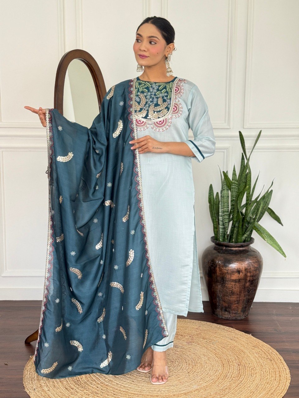 Women Sky Blue Embroidered Kurta Set with Contrast Dupatta