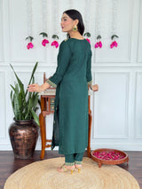Women Dark Green Embroidered Kurta Set with Dupatta