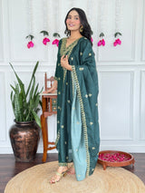 Women Dark Green Embroidered Kurta Set with Dupatta