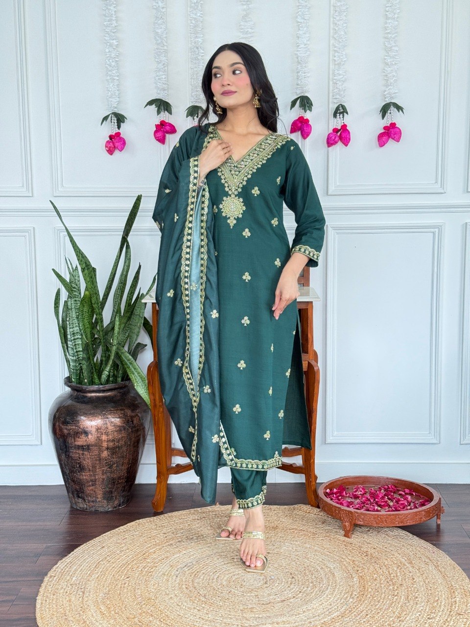 Women Dark Green Embroidered Kurta Set with Dupatta