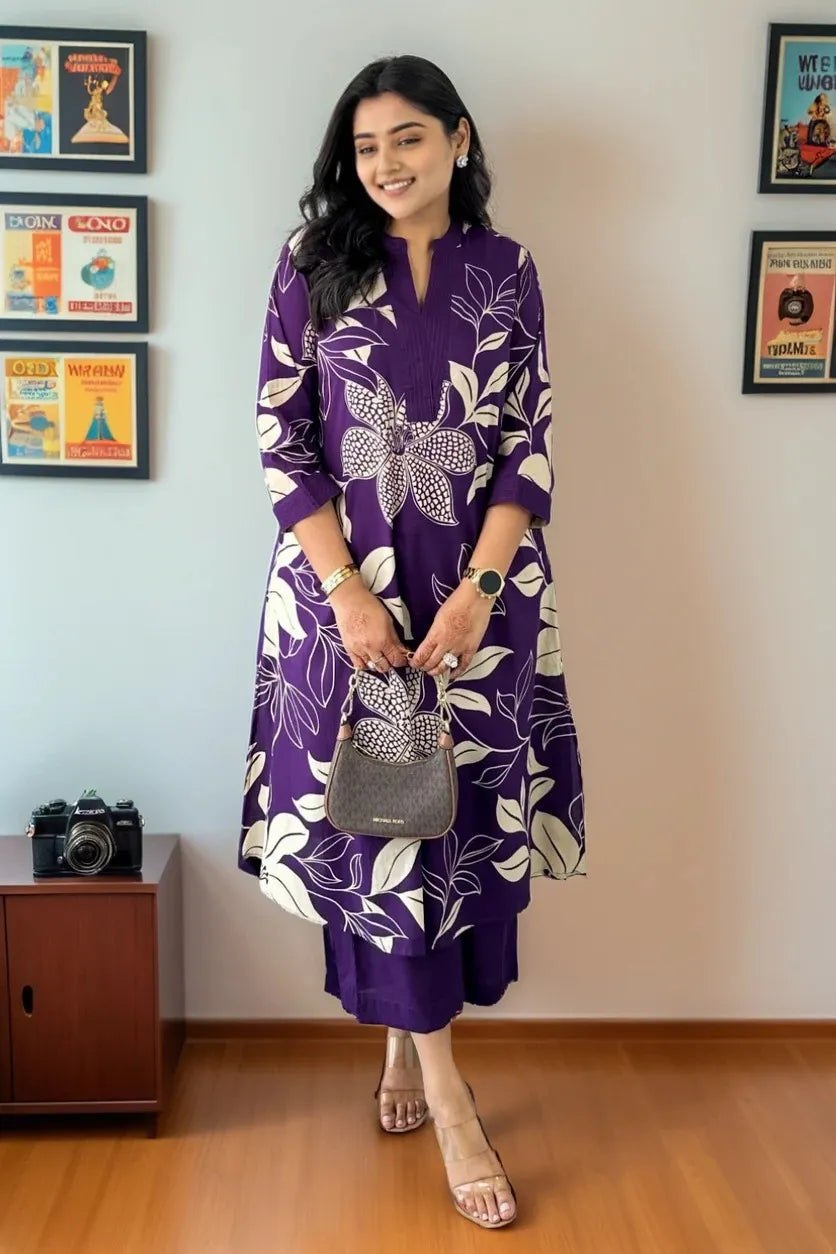 Women Purple Floral Printed Kurta Set with Pants