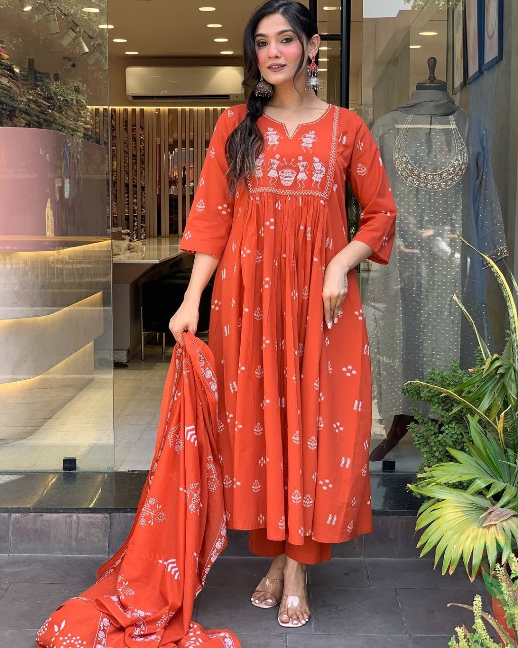 Women Orange Color Printed Anarkali Kurta Set with Dupatta