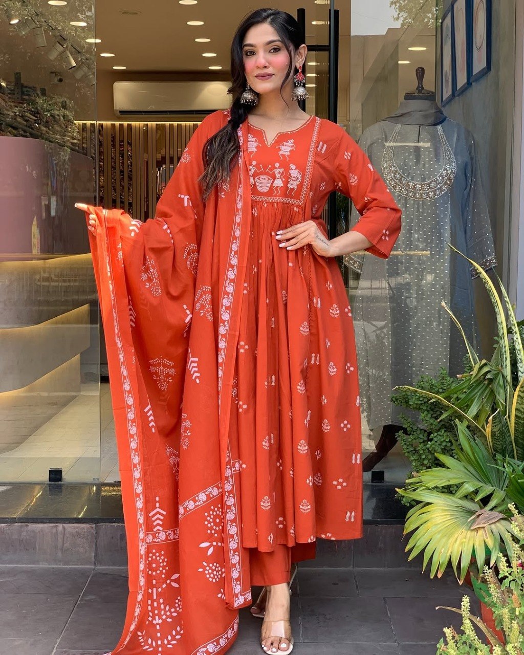 Women Orange Color Printed Anarkali Kurta Set with Dupatta