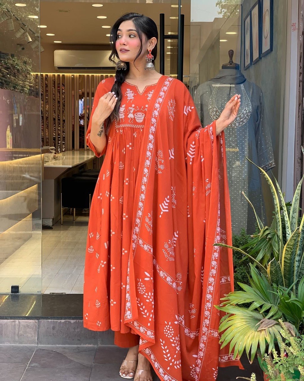 Women Orange Color Printed Anarkali Kurta Set with Dupatta