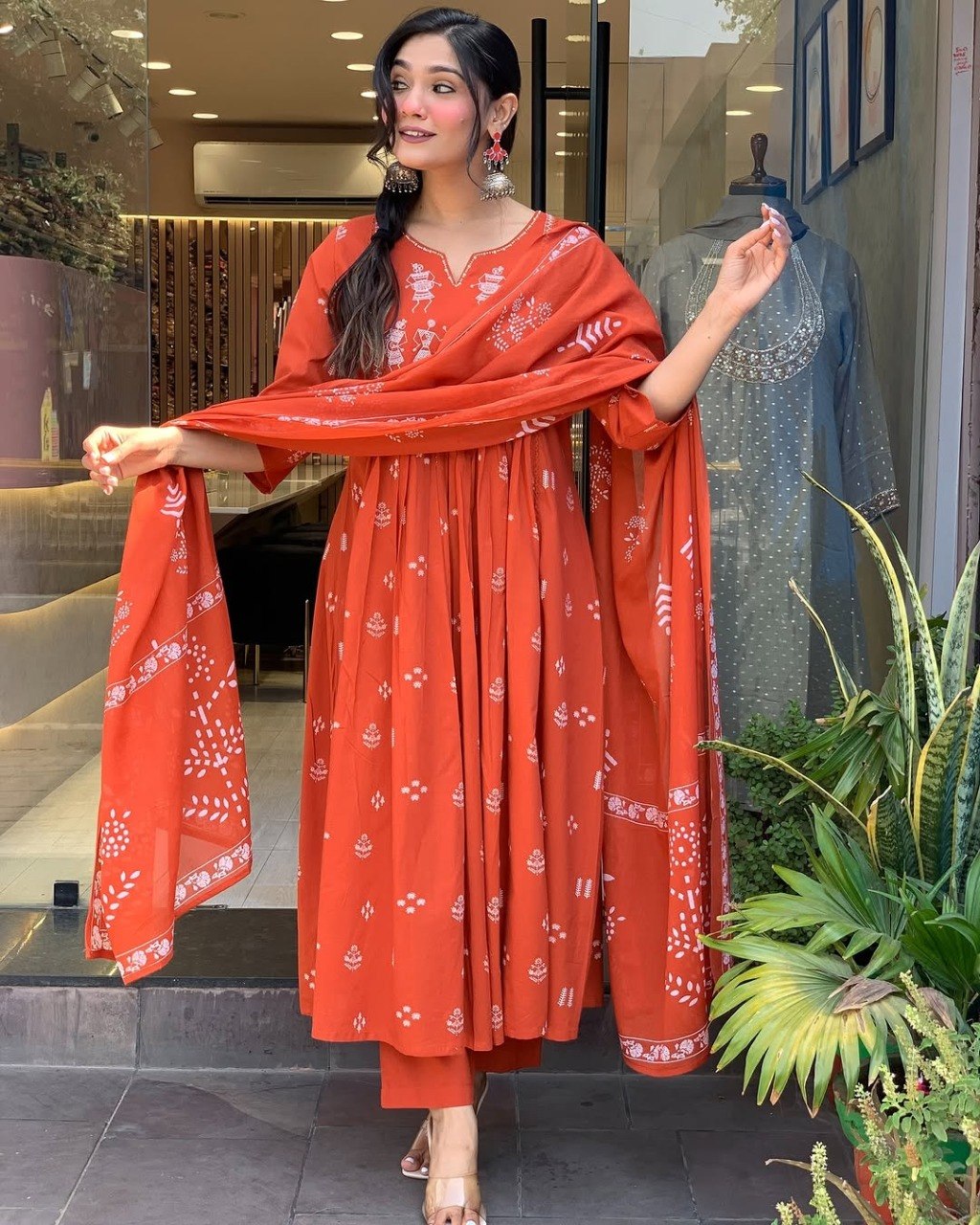 Women Orange Color Printed Anarkali Kurta Set with Dupatta