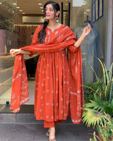 Women Orange Color Printed Anarkali Kurta Set with Dupatta