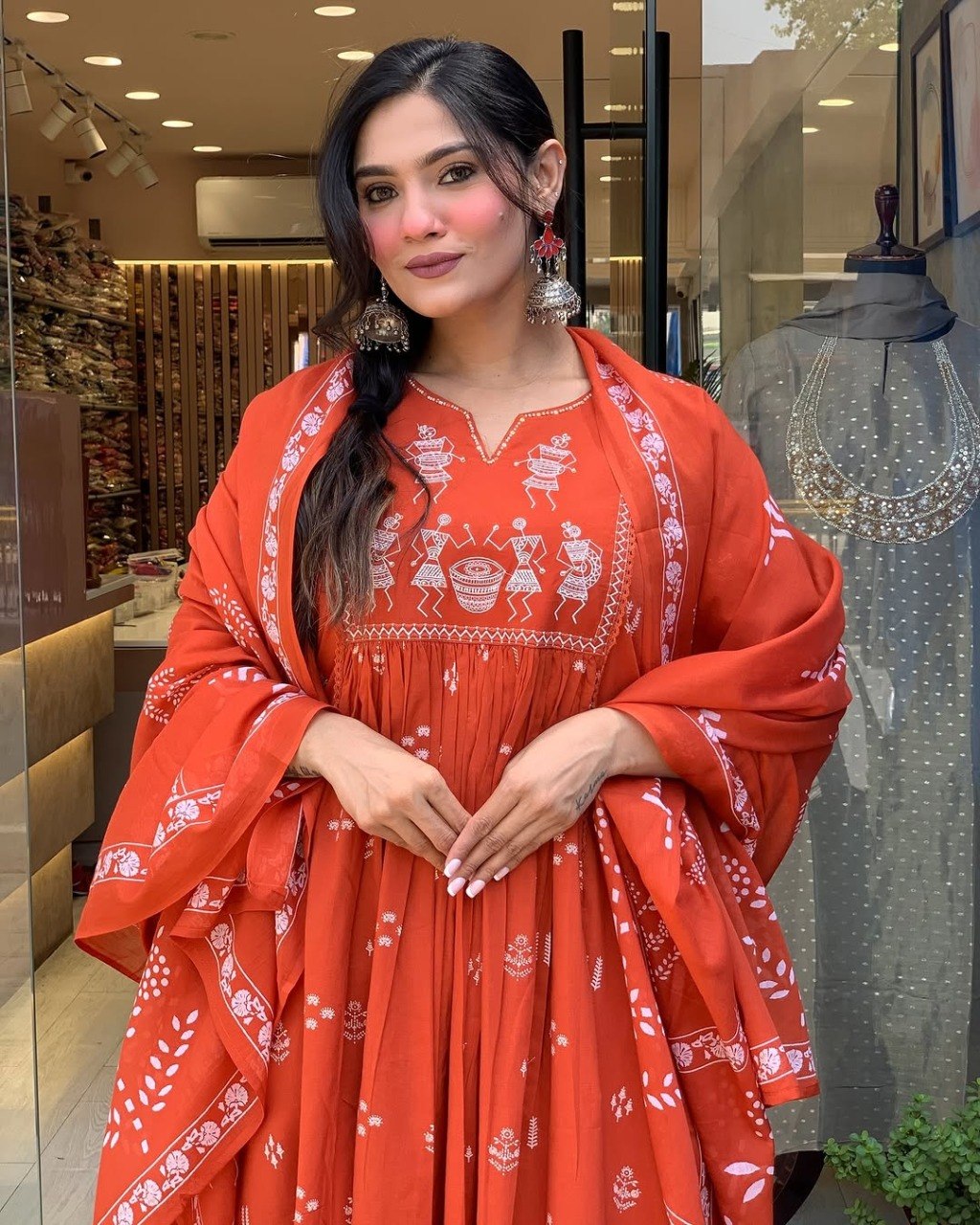 Women Orange Color Printed Anarkali Kurta Set with Dupatta