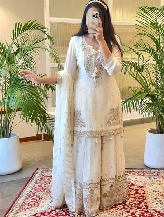 Women Off White Embroidered Kurta Sharara Set with Dupatta
