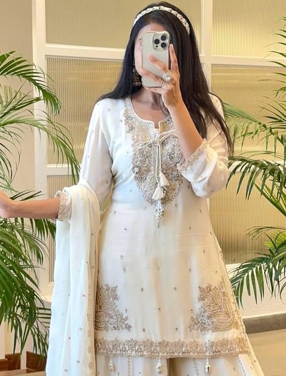 Women Off White Embroidered Kurta Sharara Set with Dupatta