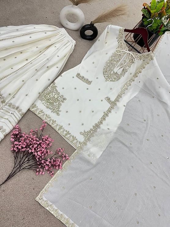 Women Off White Embroidered Kurta Sharara Set with Dupatta